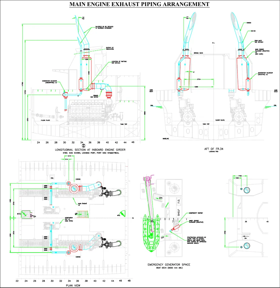Main Engine Exhaust Piping — marine drafting sample
